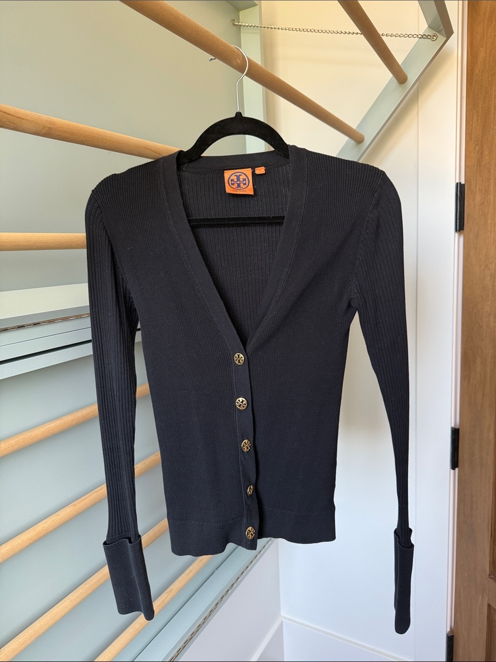 Tory Burch Black Ribbed V-Neck Button Cardigan